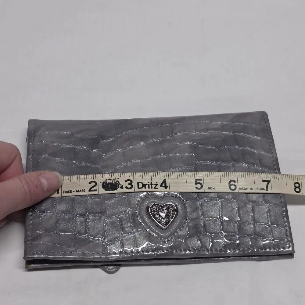 Brighton Bellissimo Heart Folio Wallet Gray Patent Leather Crocodile Embossed